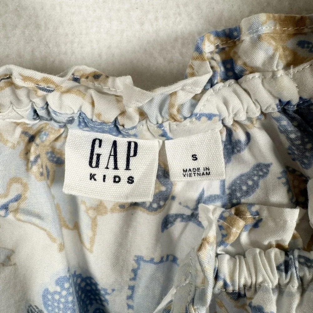 Gap Kids Floral Dress Girls Small Blue Tan Ruffle Flutter Sleeve Boho‎ Shift